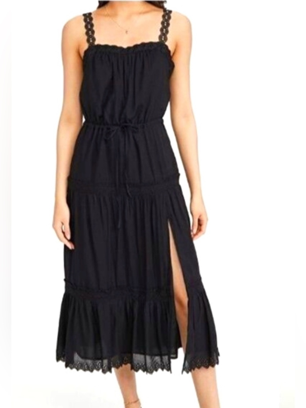 NWT PAIGE Amity Black Tiered Midi Sundress Eyelet Lace Trim Large
